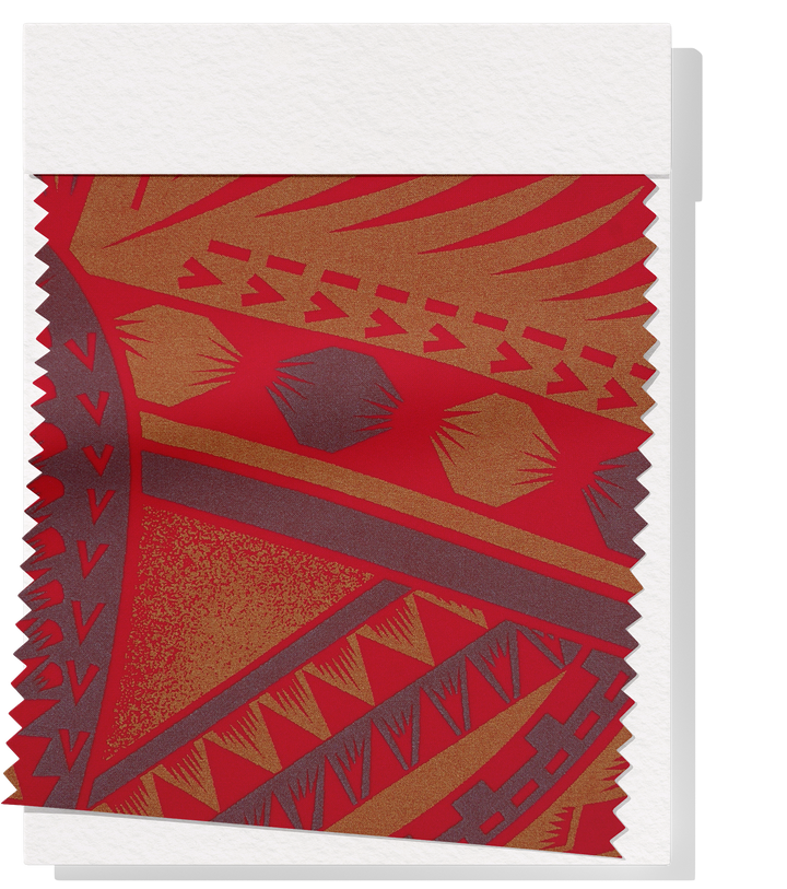 Stretch Polyester Pacific Print $12.00p/m  Design F   Red, Silver & Gold