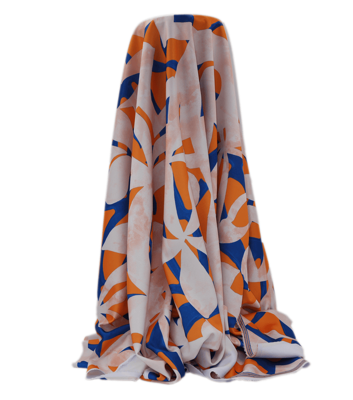 STRETCH POLYESTER PACIFIC PRINT $12.00P/M Orange &amp; Blue - The Fabric Shop