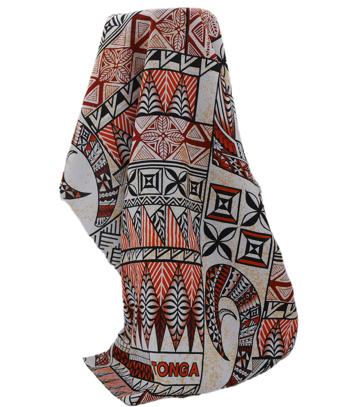 Cotton Dobby Pacific Tongan Print $10.00p/m - Design #3   Orange & White