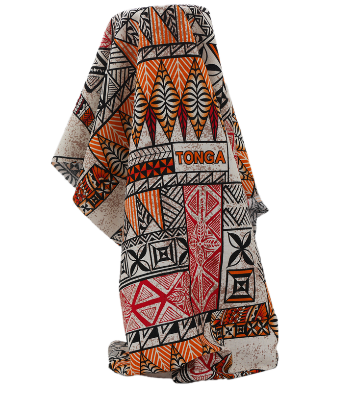 Cotton Dobby Pacific Tongan Print $10.00p/m - Design #3    Orange & Cream