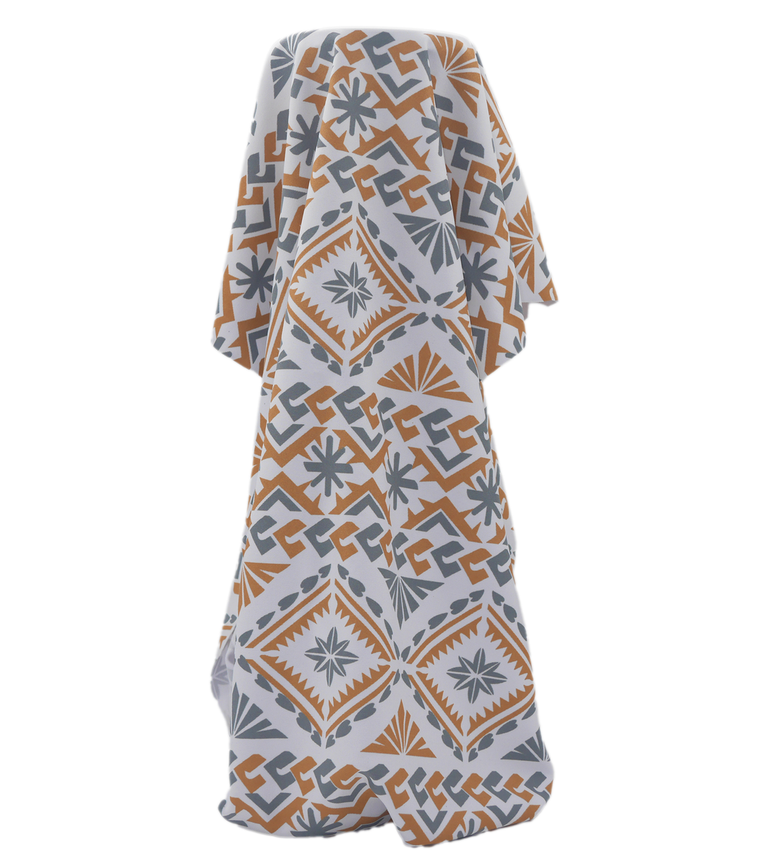Stretch Polyester Pacific Print $12.00 p/m  Design E   White, Silver & Gold