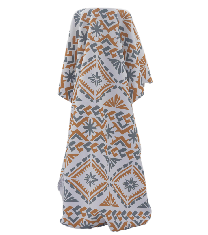 Stretch Polyester Pacific Print $12.00 p/m  Design E   White, Silver & Gold