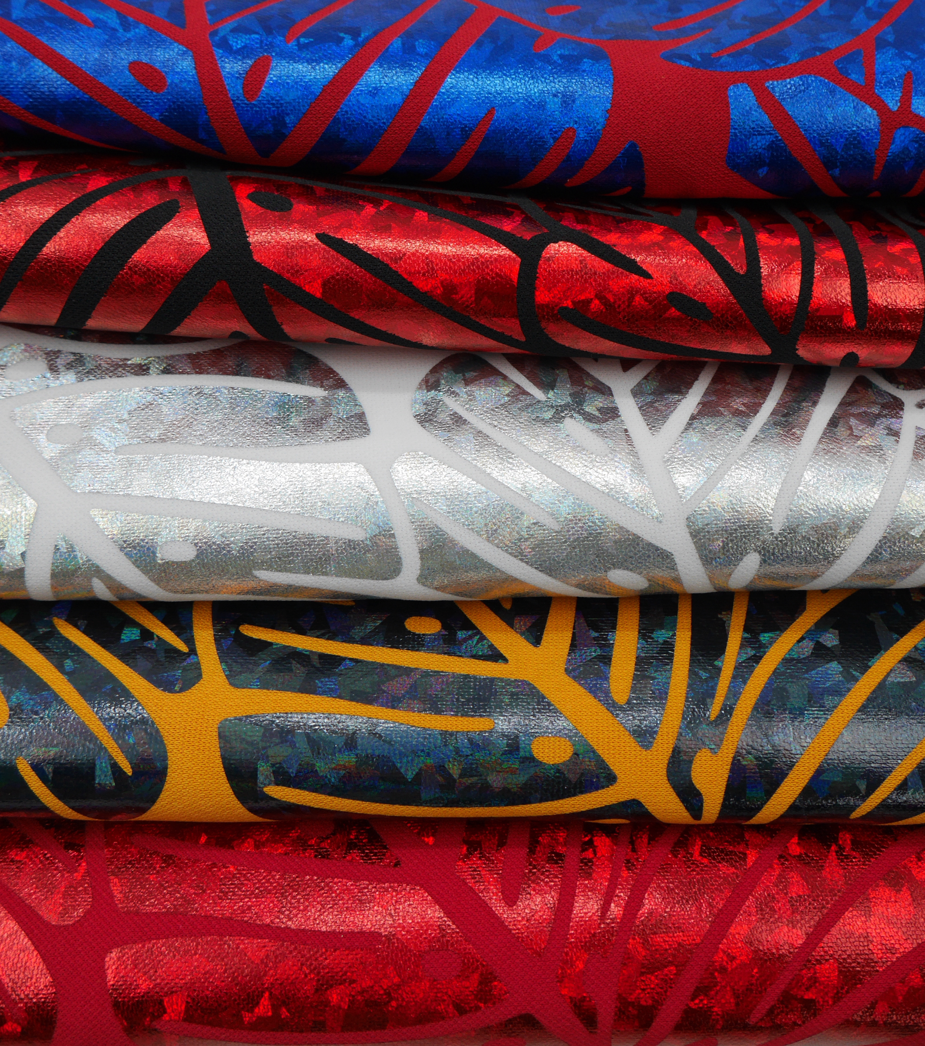 Stretch Polyester Pacific Print $12.00p/m Design #10 - Red & Blue Leaf Design