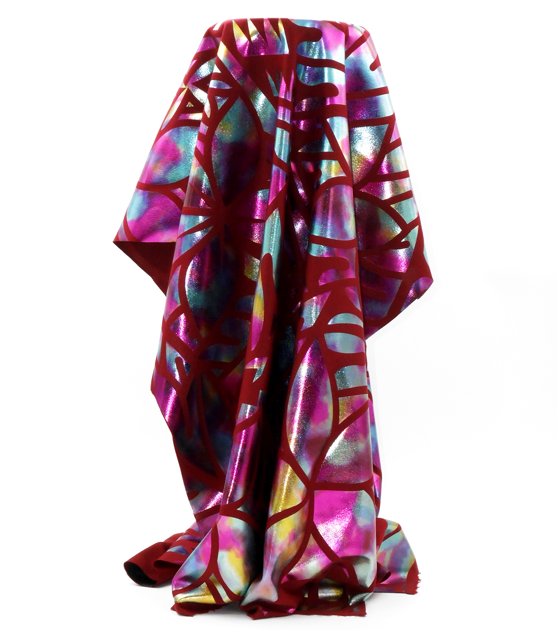 Stretch Polyester Pacific Print $12.00p/m Design #7 - Maroon Rainbow