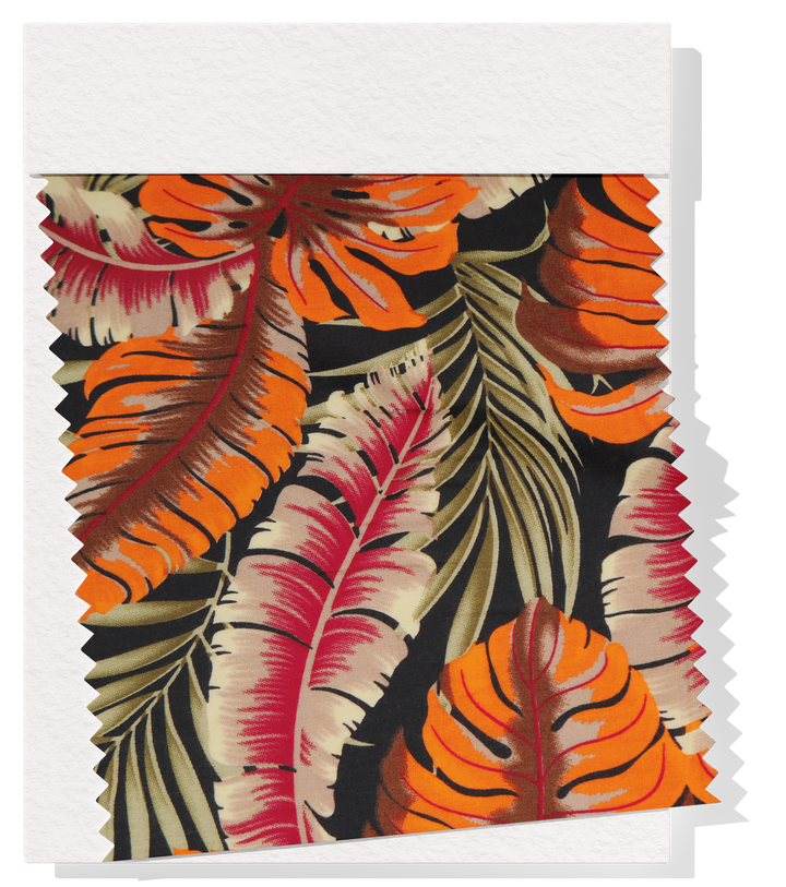 Pacific Printed Rayon $8.00p/m - Orange, Red & Black