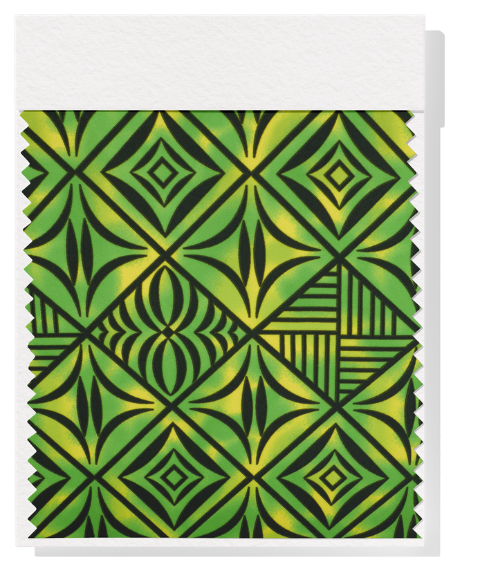 Stretch Polyester Pacific Print $12.00p/m Design #11  - Green, Yellow & Black
