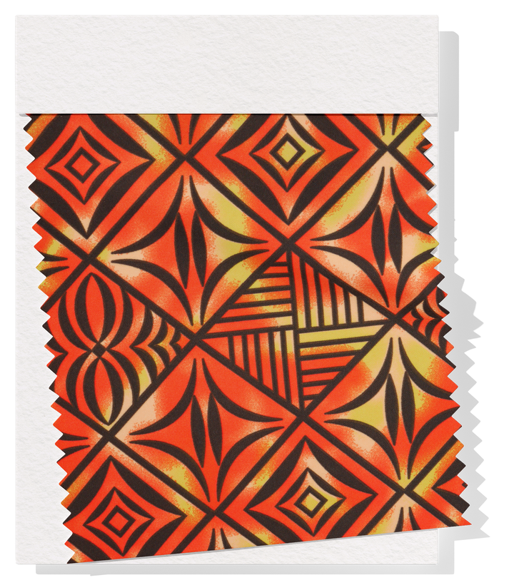 Stretch Polyester Pacific Print $12.00p/m Design #11 - Orange, Yellow & Black