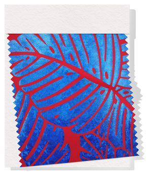 Stretch Polyester Pacific Print $12.00p/m Design #10 - Red & Blue Leaf Design
