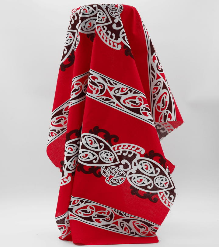 Cotton Maori Koru Design $8.00p/m - Red - The Fabric Shop