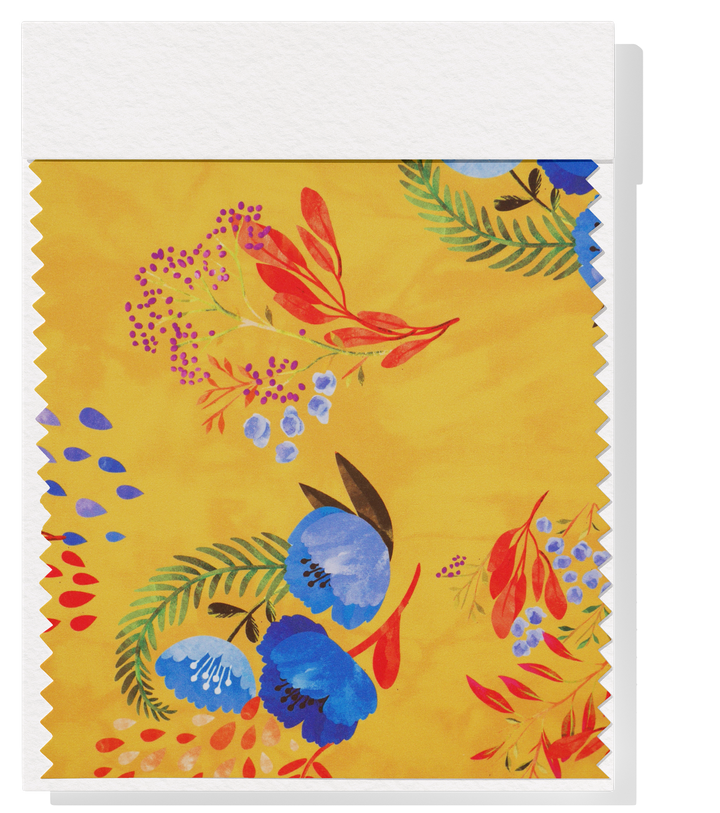 Printed Polyester $10.00p/m - Gold w/ blue flower (Online Only)