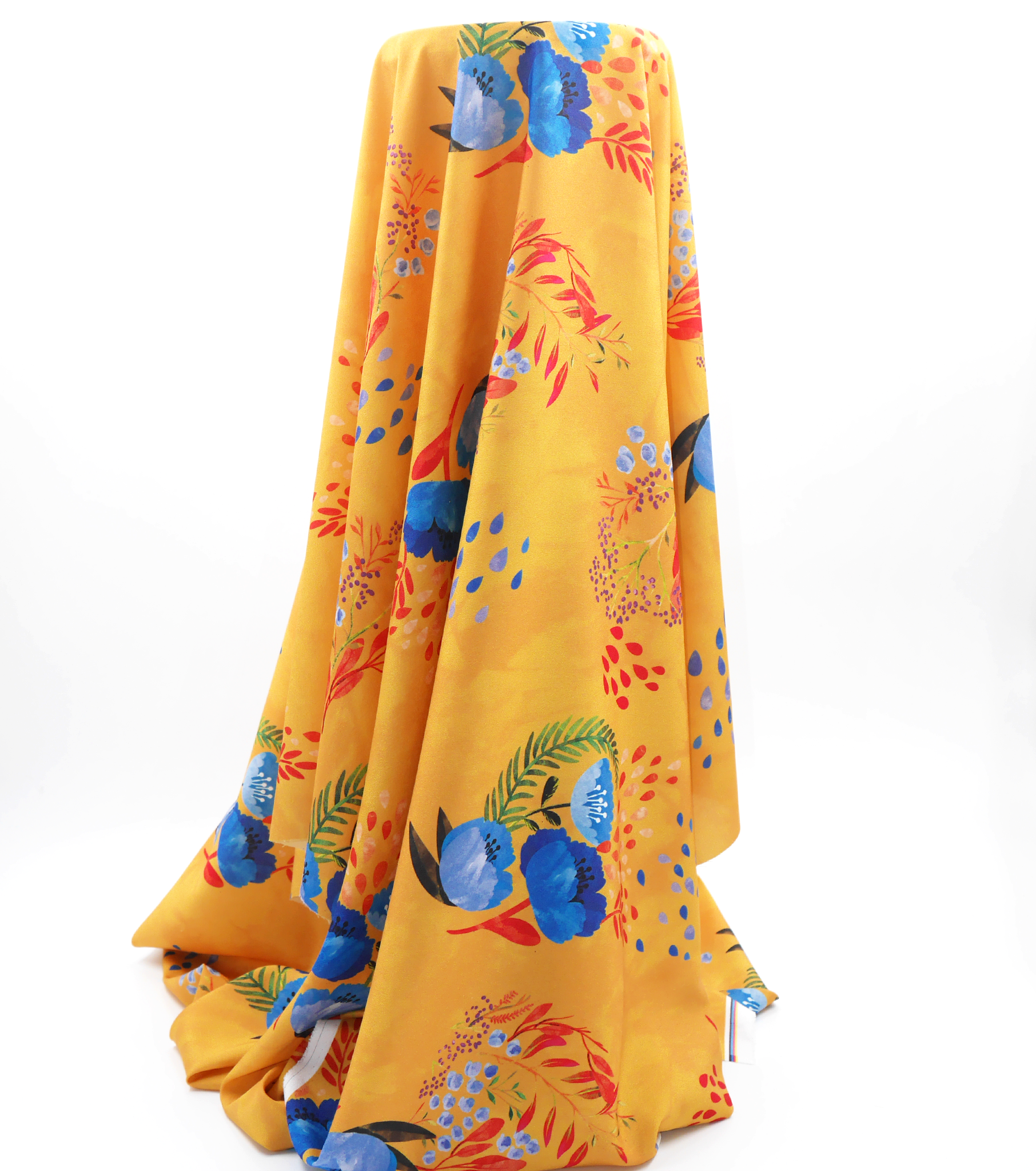 Printed Polyester $10.00p/m - Gold w/ blue flower (Online Only)