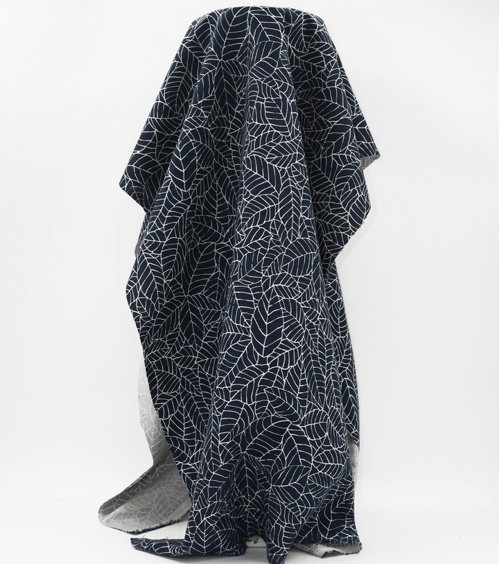 Printed Linen / Cotton $28.00p/m - Navy Leaf - The Fabric Shop