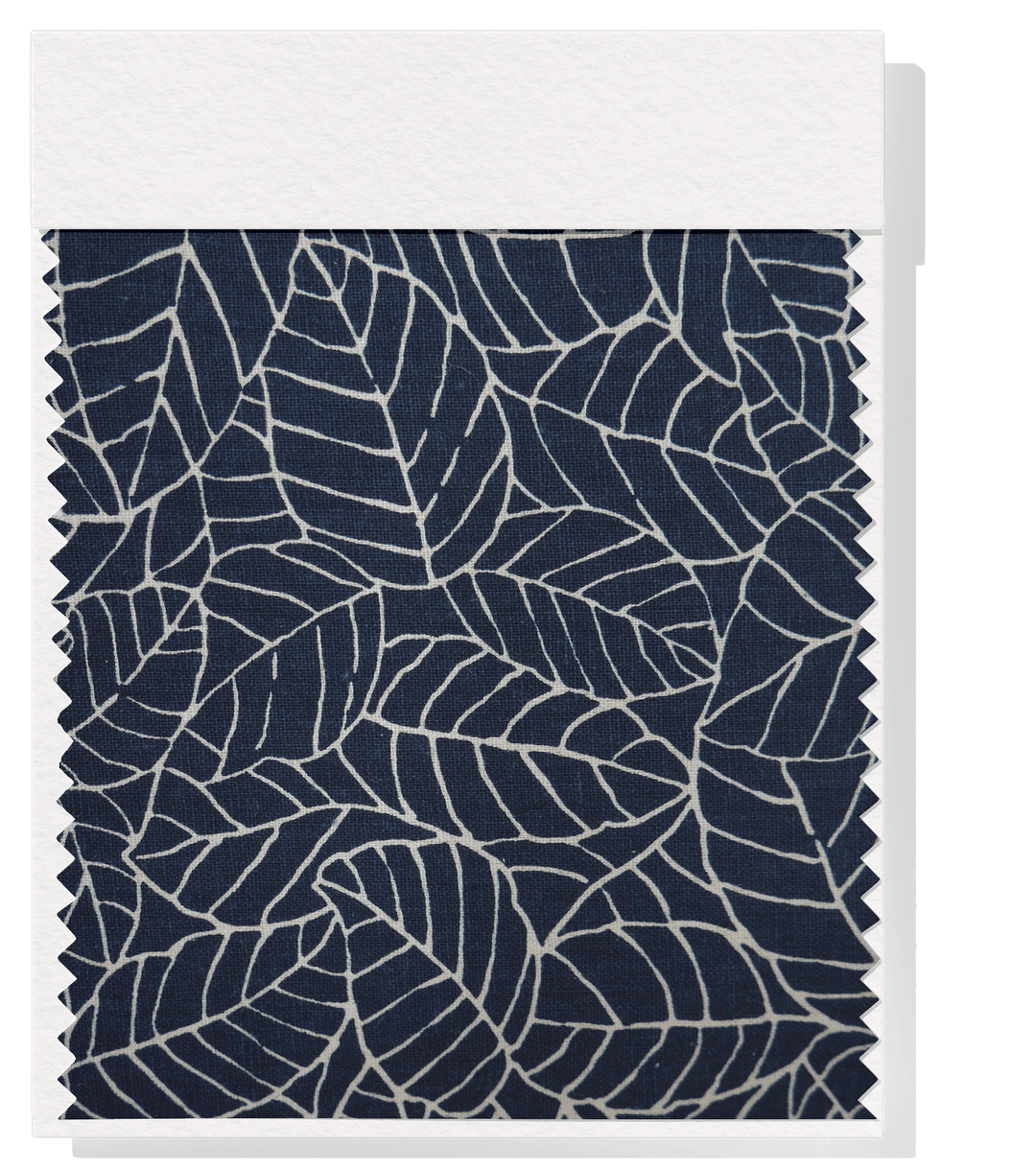 Printed Linen / Cotton $28.00p/m - Navy Leaf - The Fabric Shop