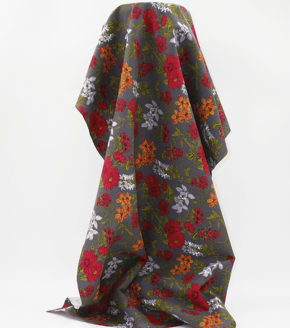 Printed Linen / Cotton $28.00p/m - Red Gerberas - The Fabric Shop