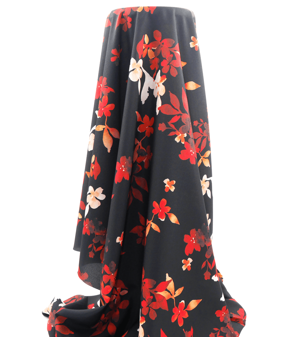 Printed Polyester $5.00p/m Black & Red Floral - The Fabric Shop